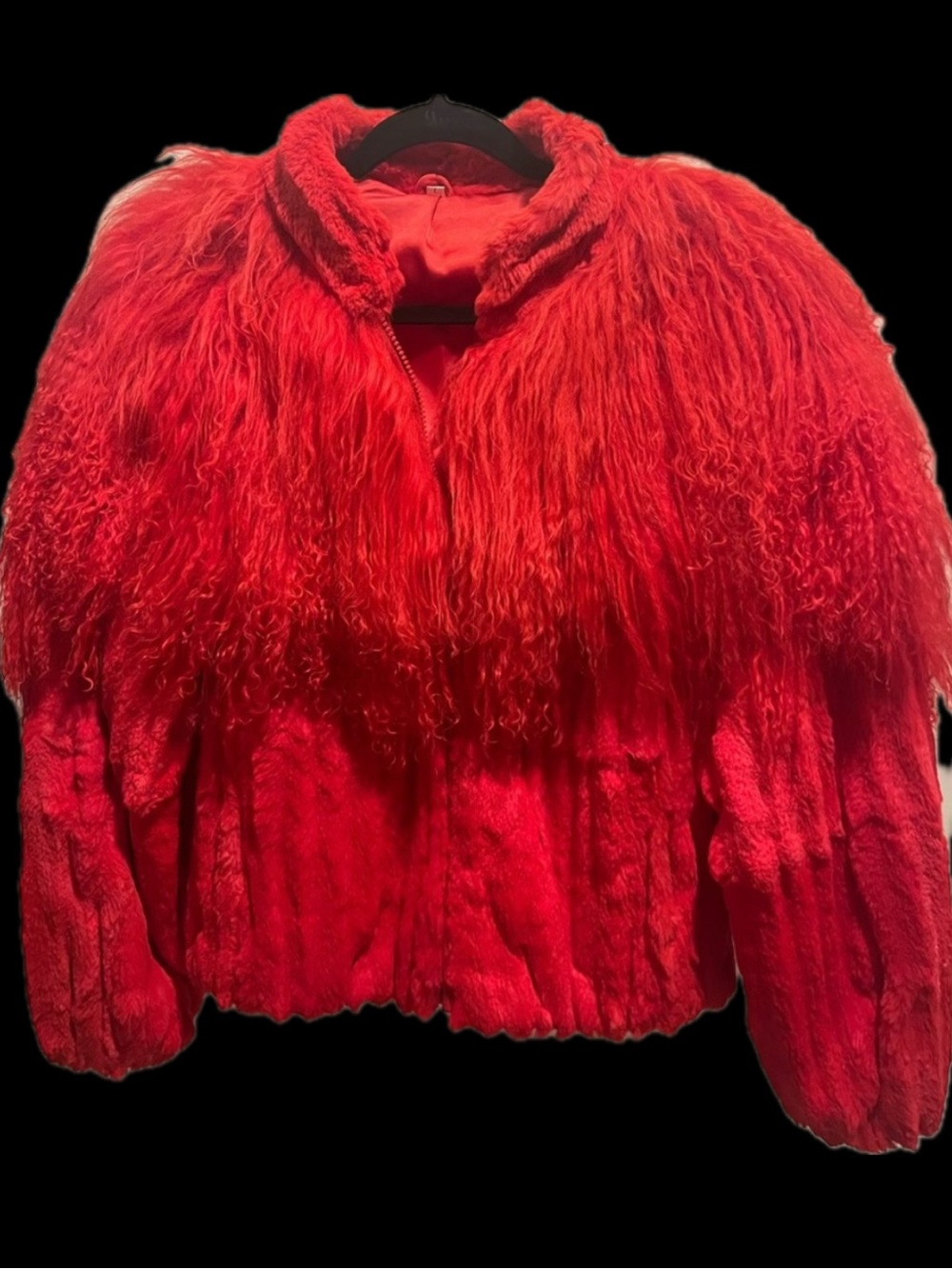 Bright Red Vintage Estate Sheared Rabbit Mongolian Tibetan Lamb Fur Jacket Coat